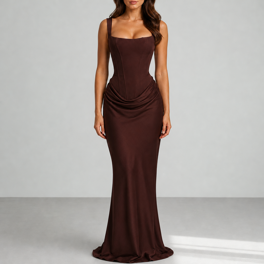 Birgu Ruched Corset Maxi Dress in Brown
