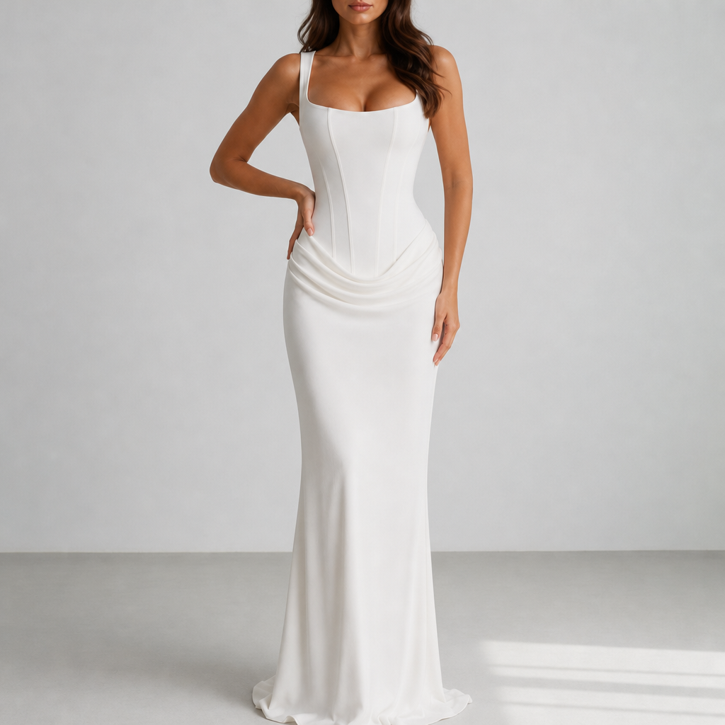 Birgu Ruched Corset Maxi Dress in White