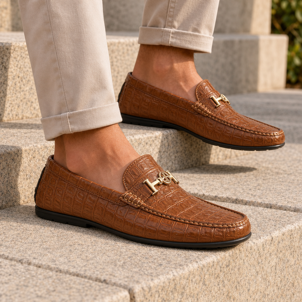 Braga Croc Leather Loafers in Brown