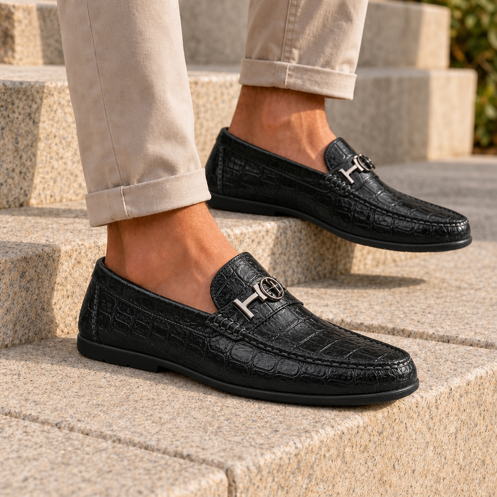Braga Croc Leather Loafers in Black