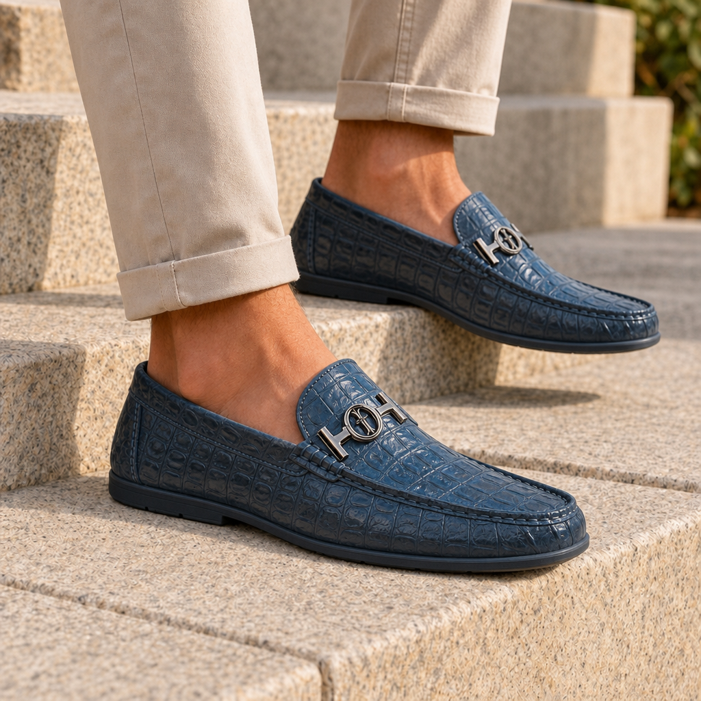 Braga Croc Leather Loafers in Blue
