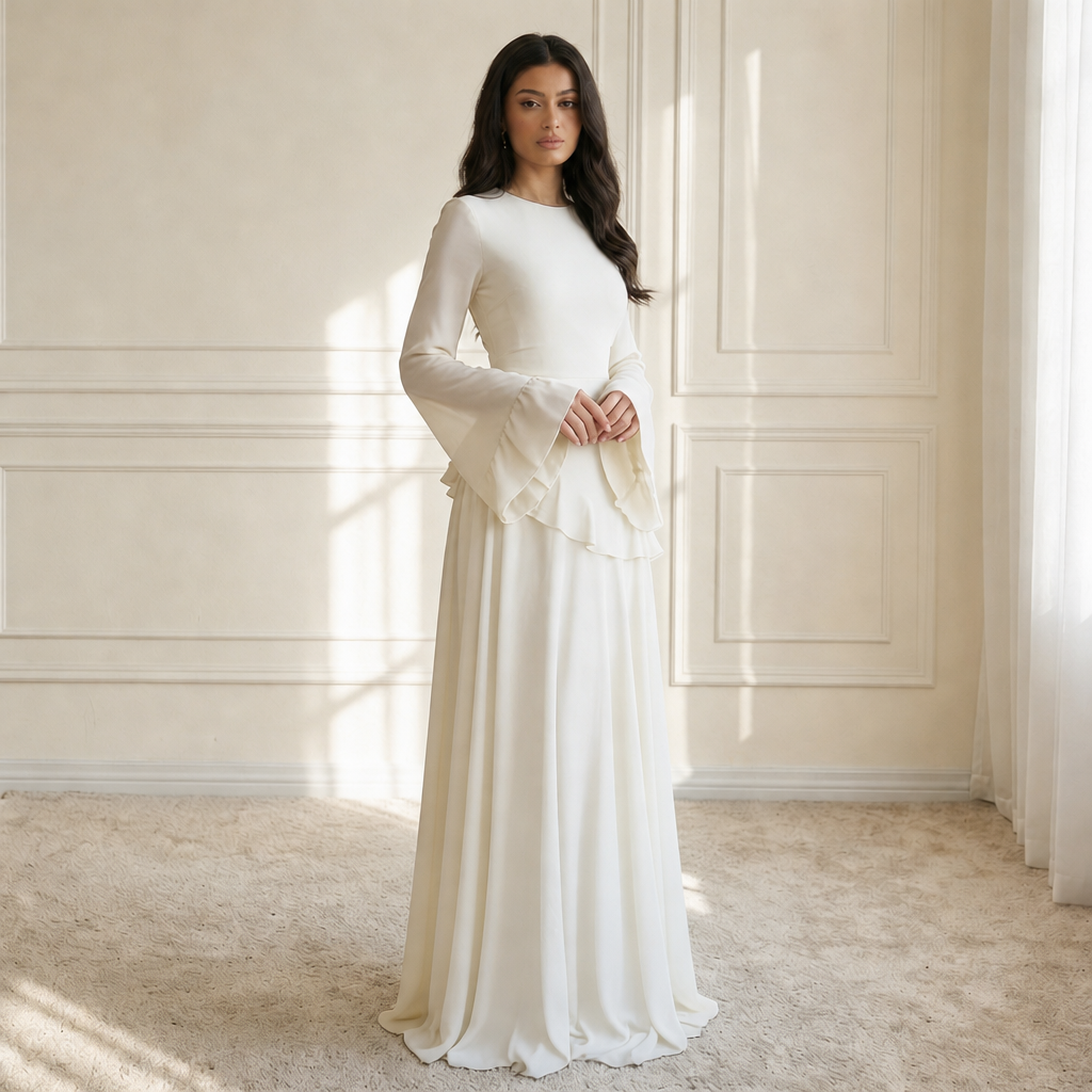 Cadaques Ruffle Flared Sleeve Maxi Dress in White