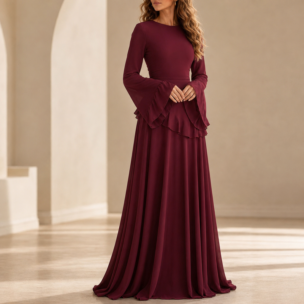 Cadaques Ruffle Flared Sleeve Maxi Dress in Bordeaux
