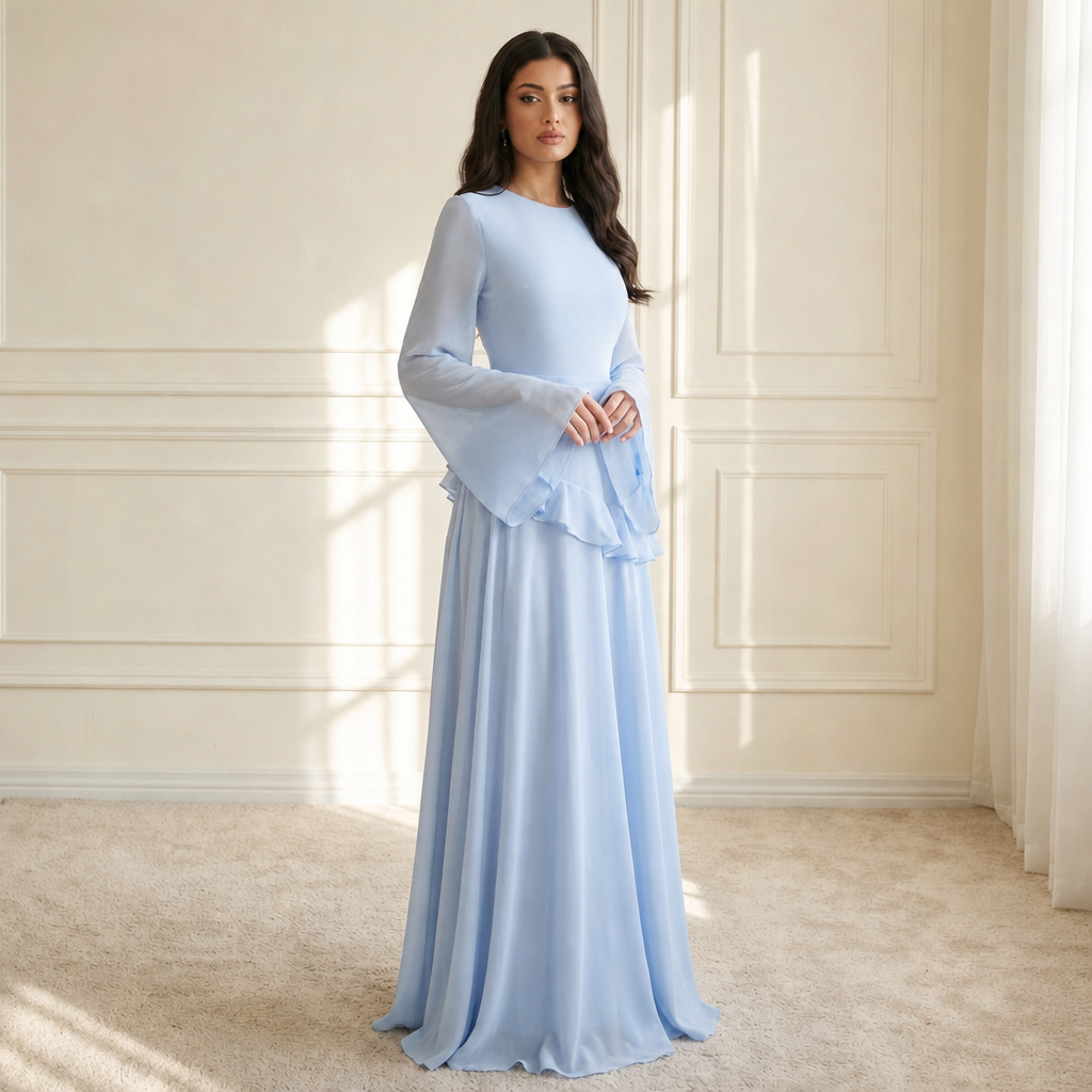 Cadaques Ruffle Flared Sleeve Maxi Dress in Light Blue