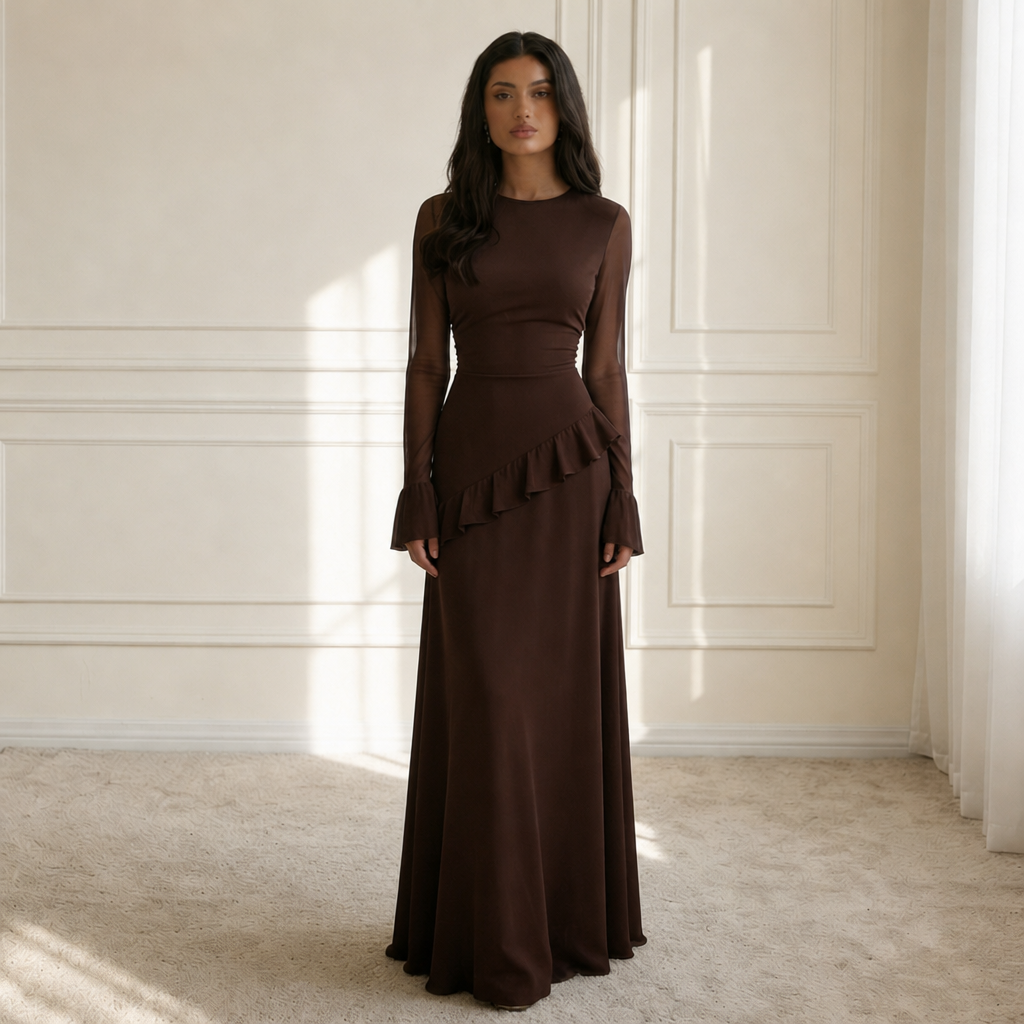 Cadaques Ruffle Flared Sleeve Maxi Dress in Espresso