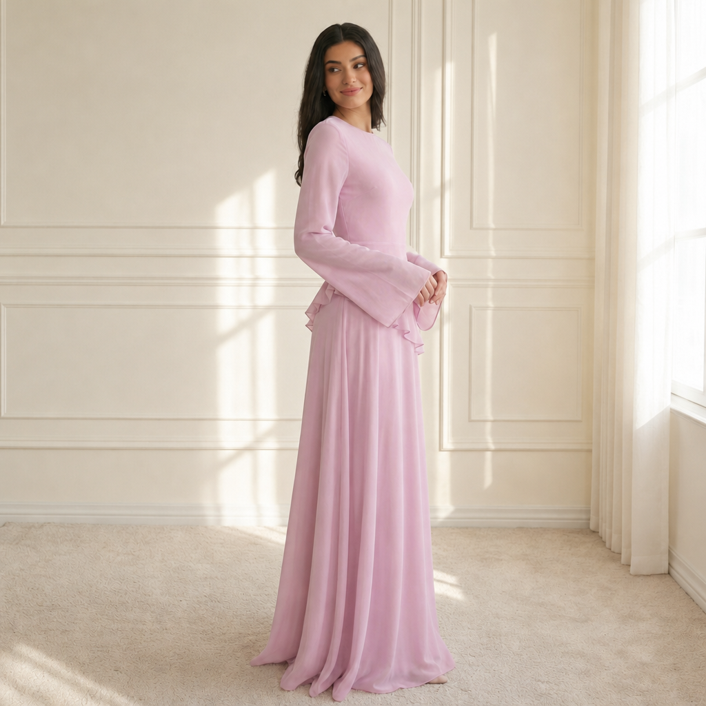 Cadaques Ruffle Flared Sleeve Maxi Dress in Pink