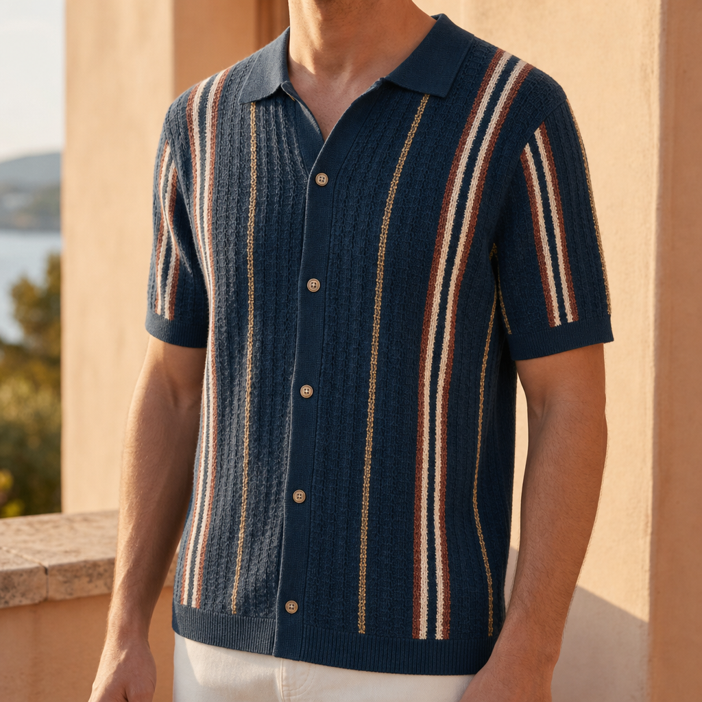 Camogli Striped Knit Polo in Blue
