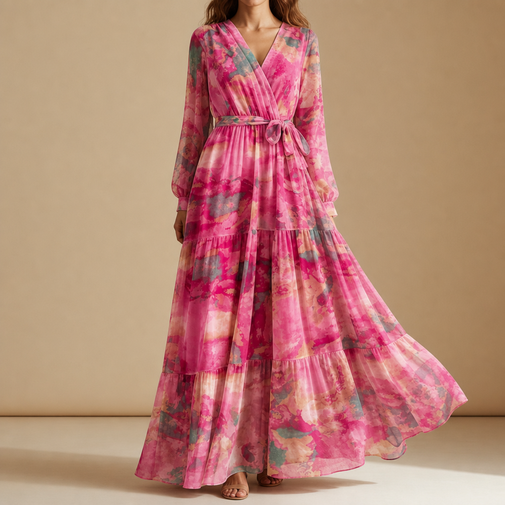 Carcassonne Floral Chiffon Maxi Dress in Red Pink