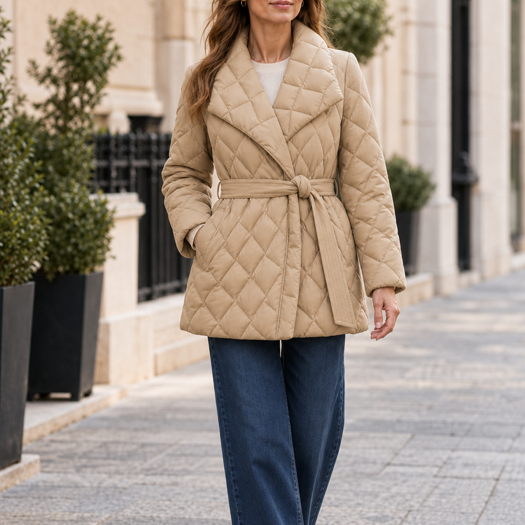 Cartagena Belted Quilted Coat in Sandstone Beige