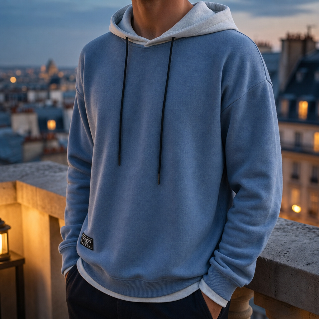 Ceret Two-Tone Pullover Hoodie in Blue