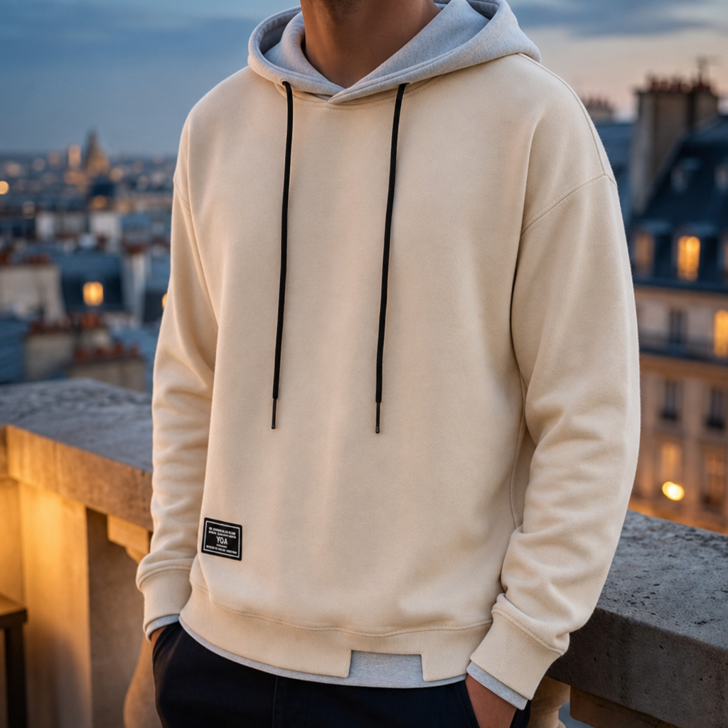 Ceret Two-Tone Pullover Hoodie in Beige