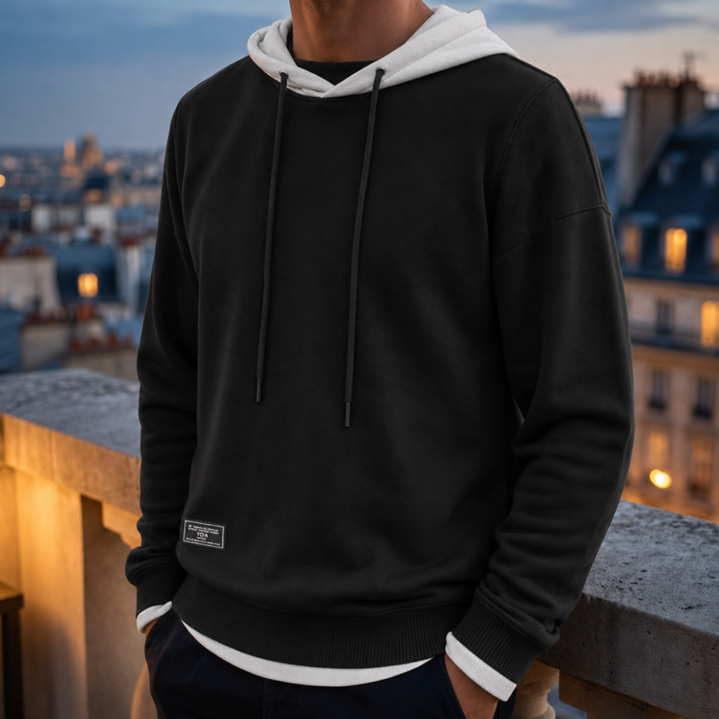 Ceret Two-Tone Pullover Hoodie in Black