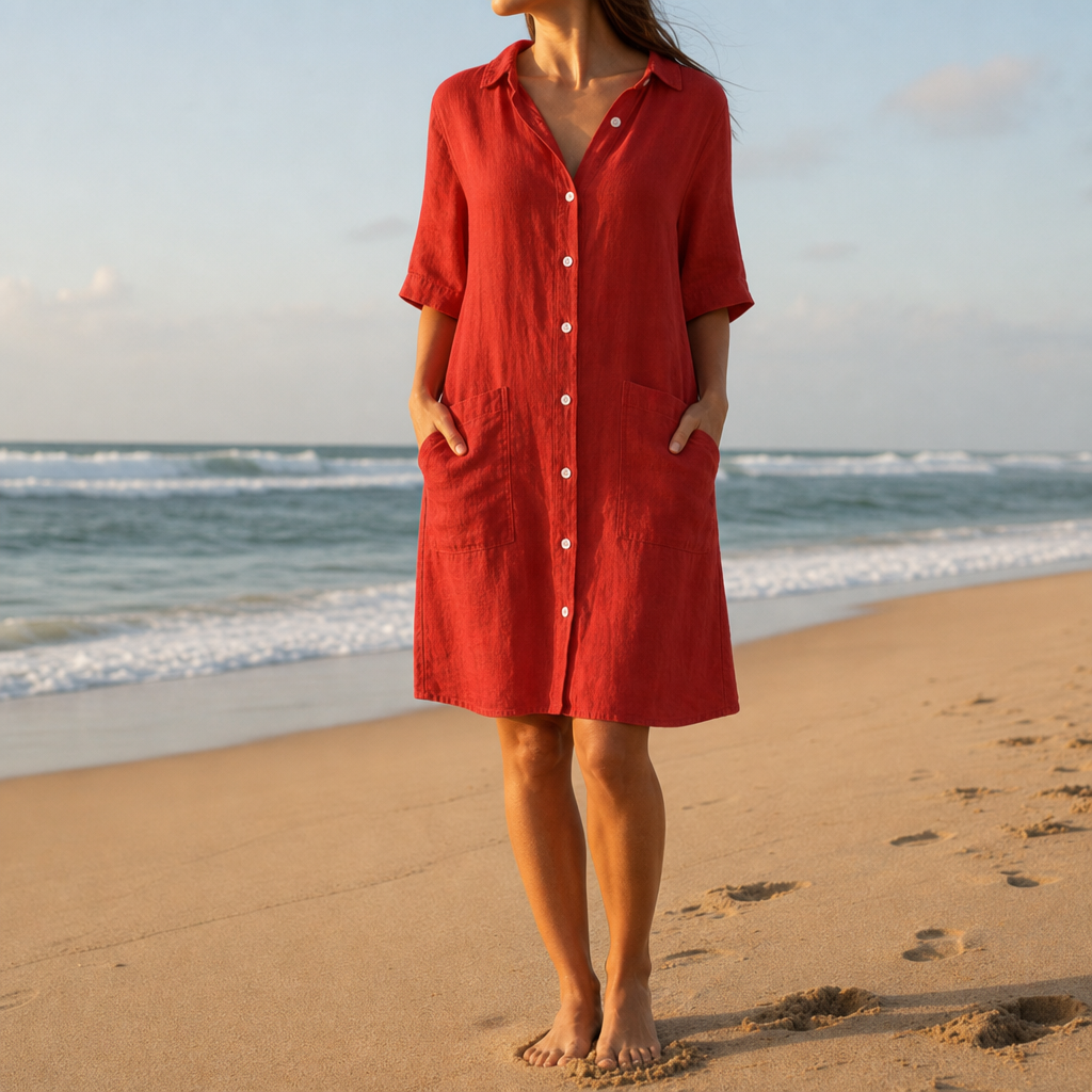 Collioure Linen Shirt Dress in Red