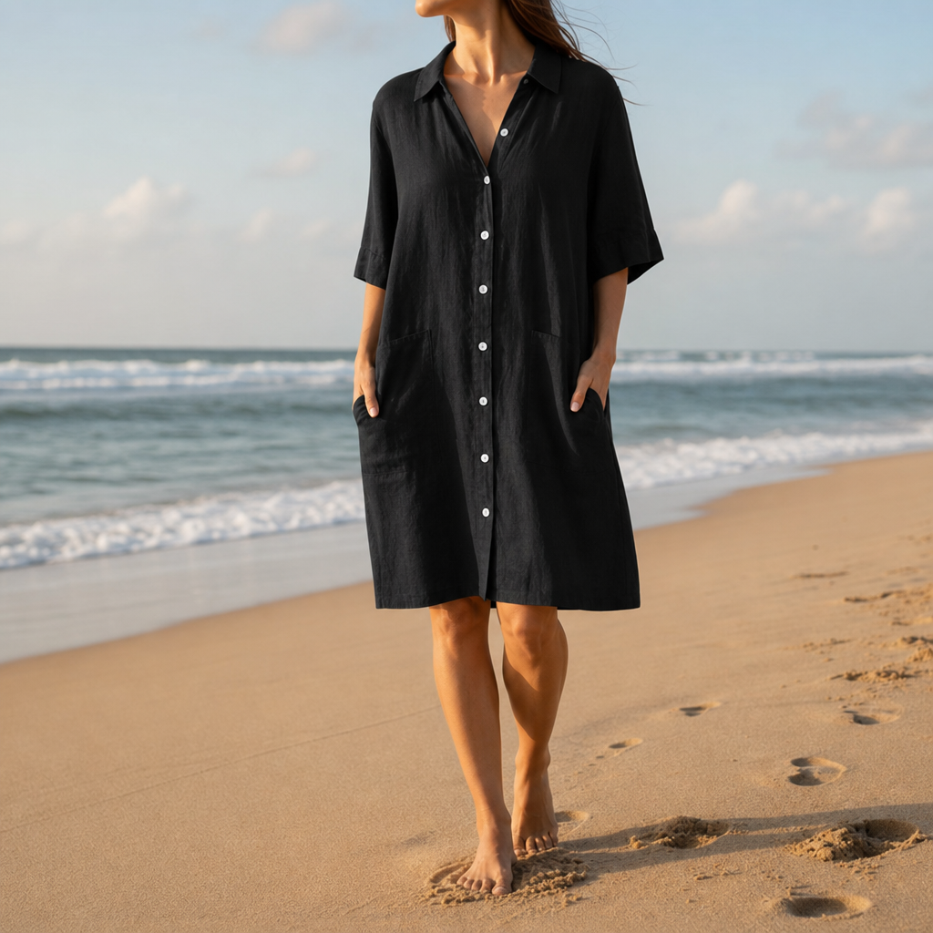 Collioure Linen Shirt Dress in Black
