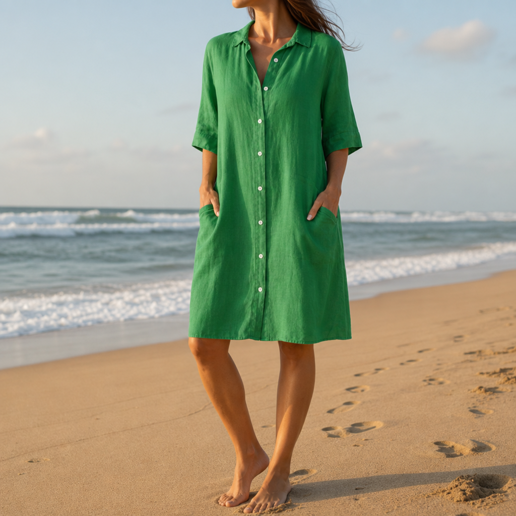 Collioure Linen Shirt Dress in Green