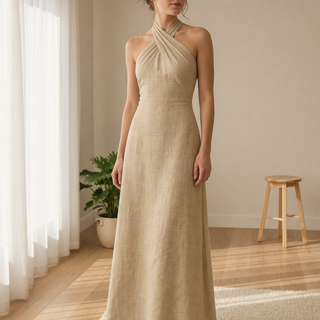 Como Linen Halter Maxi Dress in Khaki