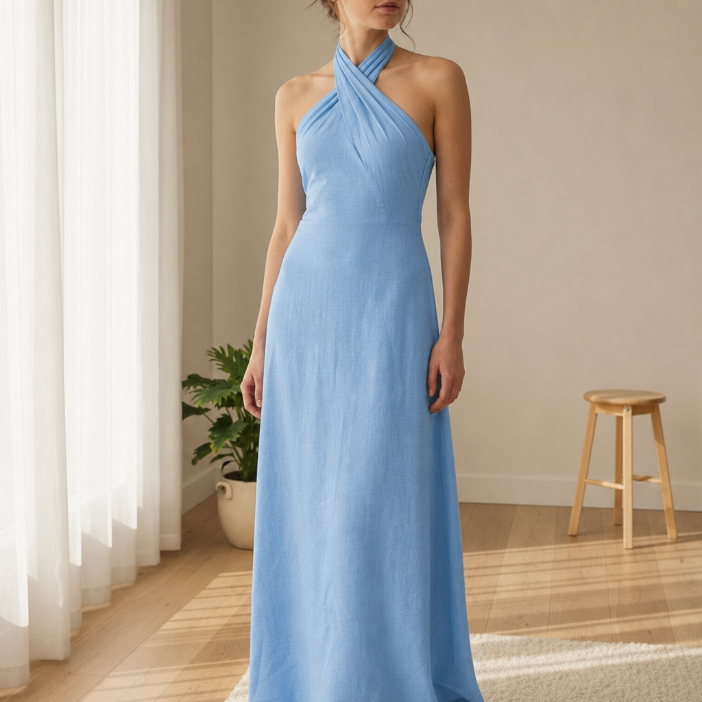 Como Linen Halter Maxi Dress in Sky