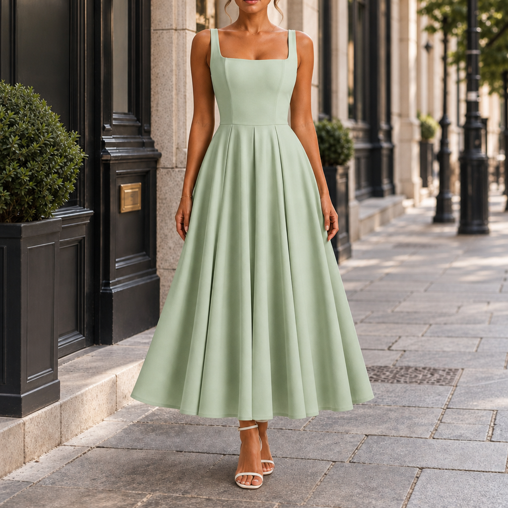 Cordoba Strappy Volume-Hem Midi Dress in Light Green