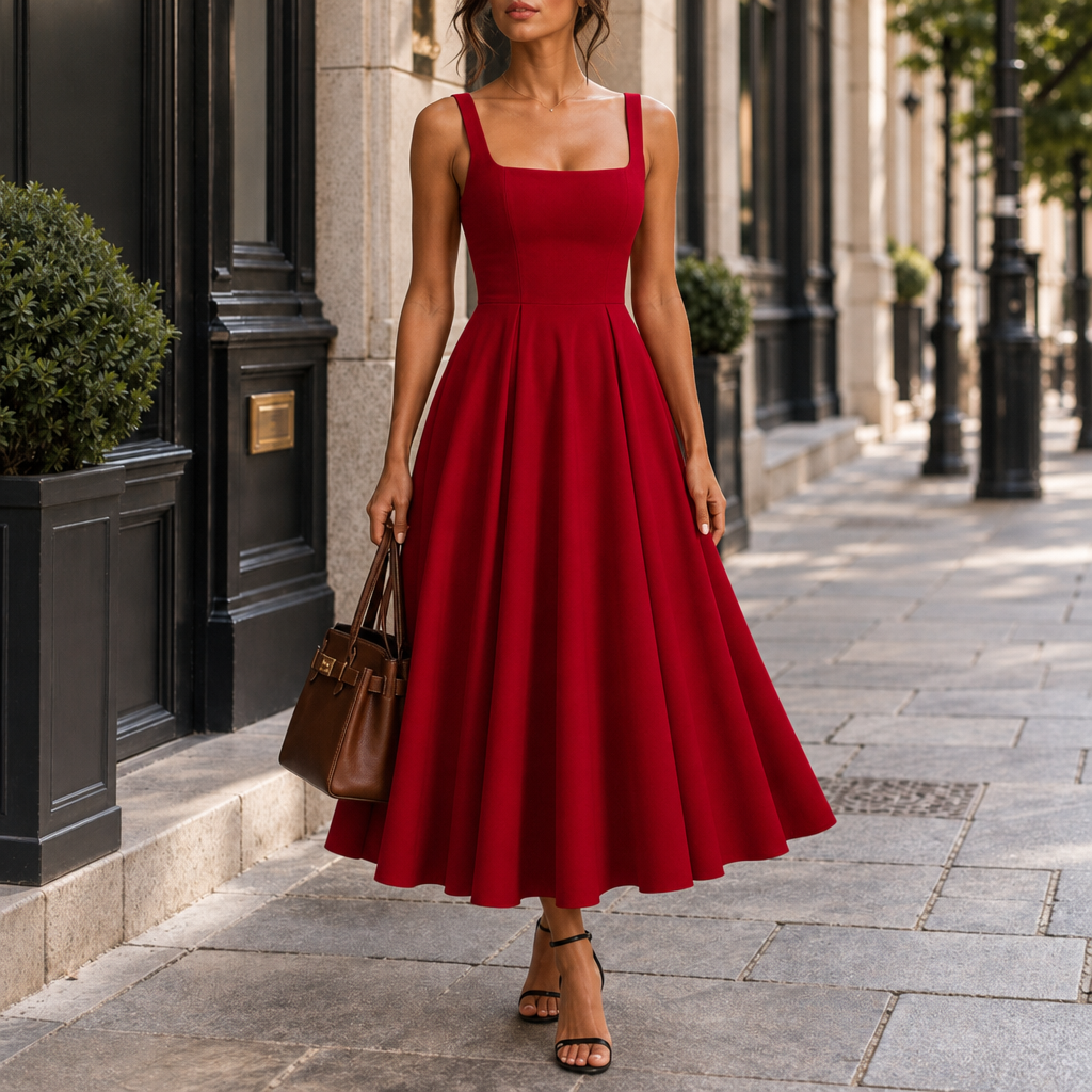 Cordoba Strappy Volume-Hem Midi Dress in Red