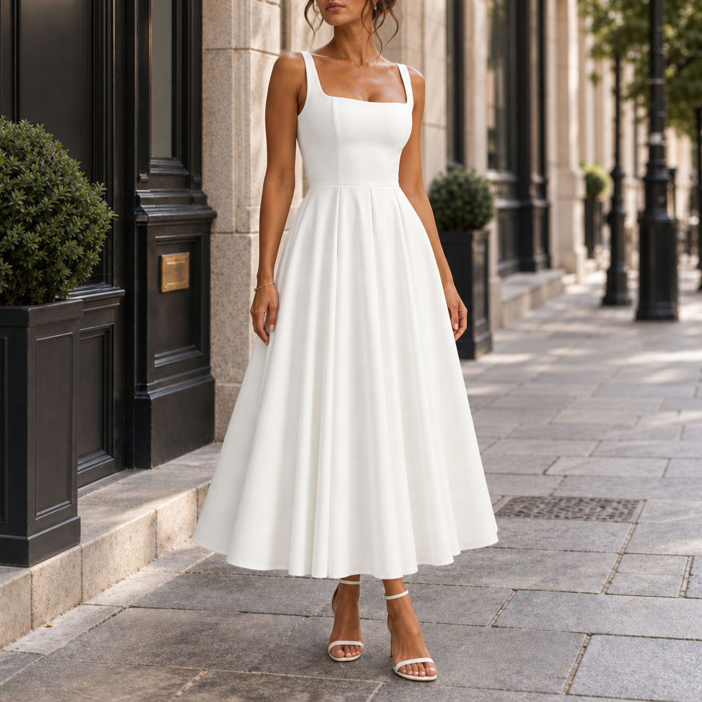 Cordoba Strappy Volume-Hem Midi Dress in White