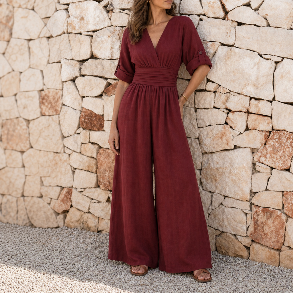 Corte Cross Front Wide-Leg Jumpsuit in Red
