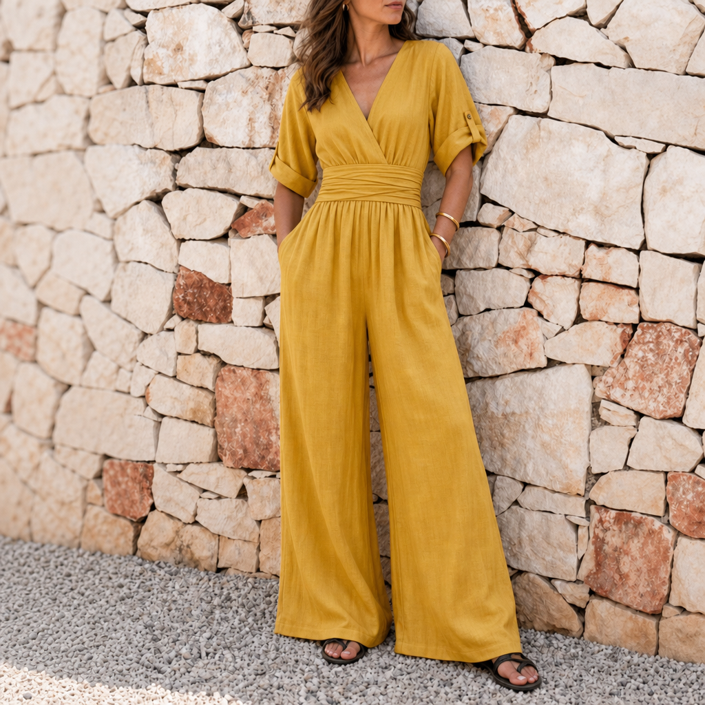 Corte Cross Front Wide-Leg Jumpsuit in Yellow