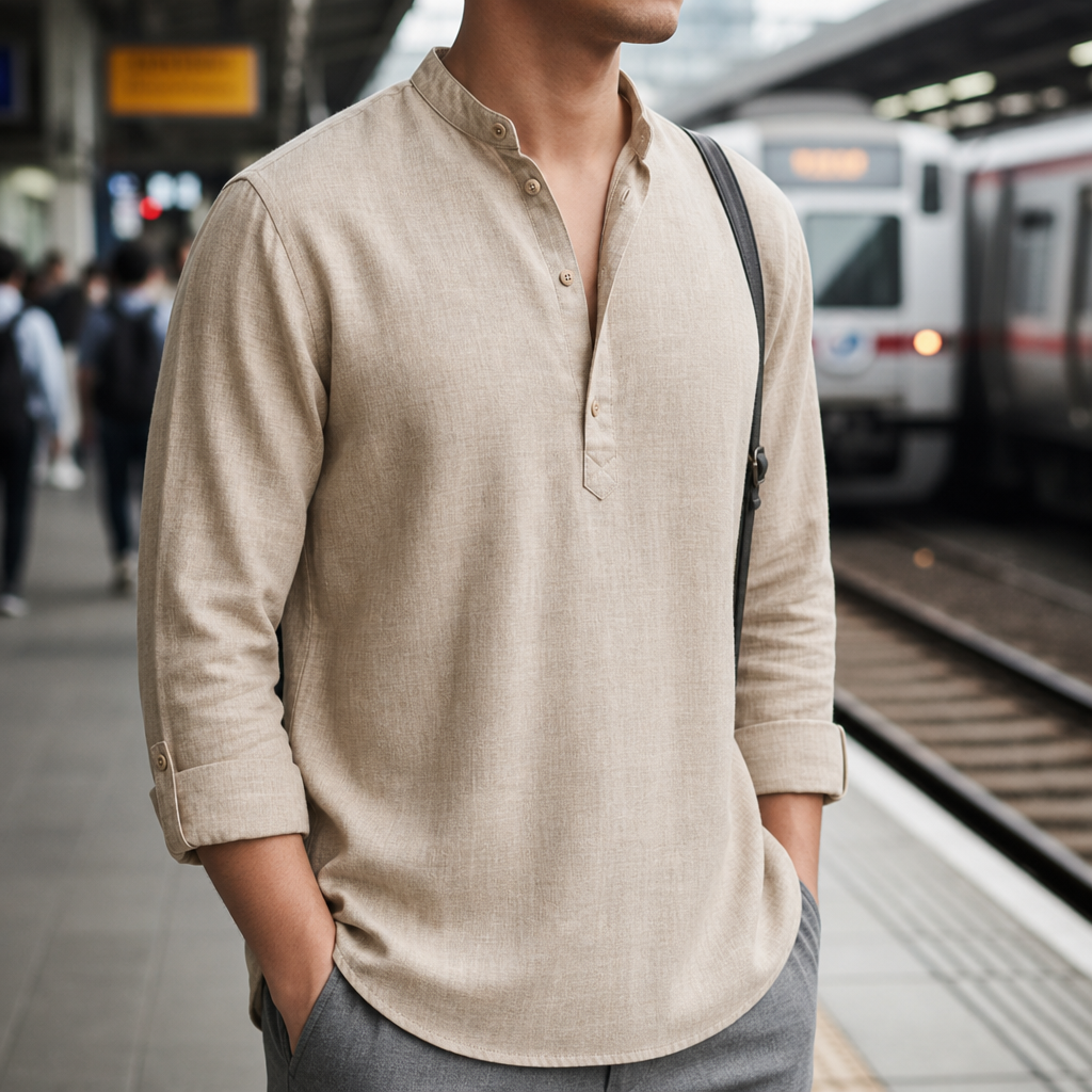 Deia Linen Henley Shirt in Beige