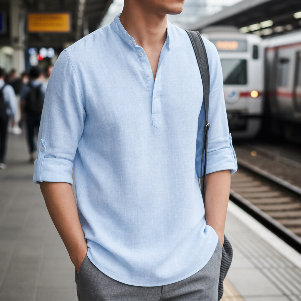 Deia Linen Henley Shirt in Light Blue