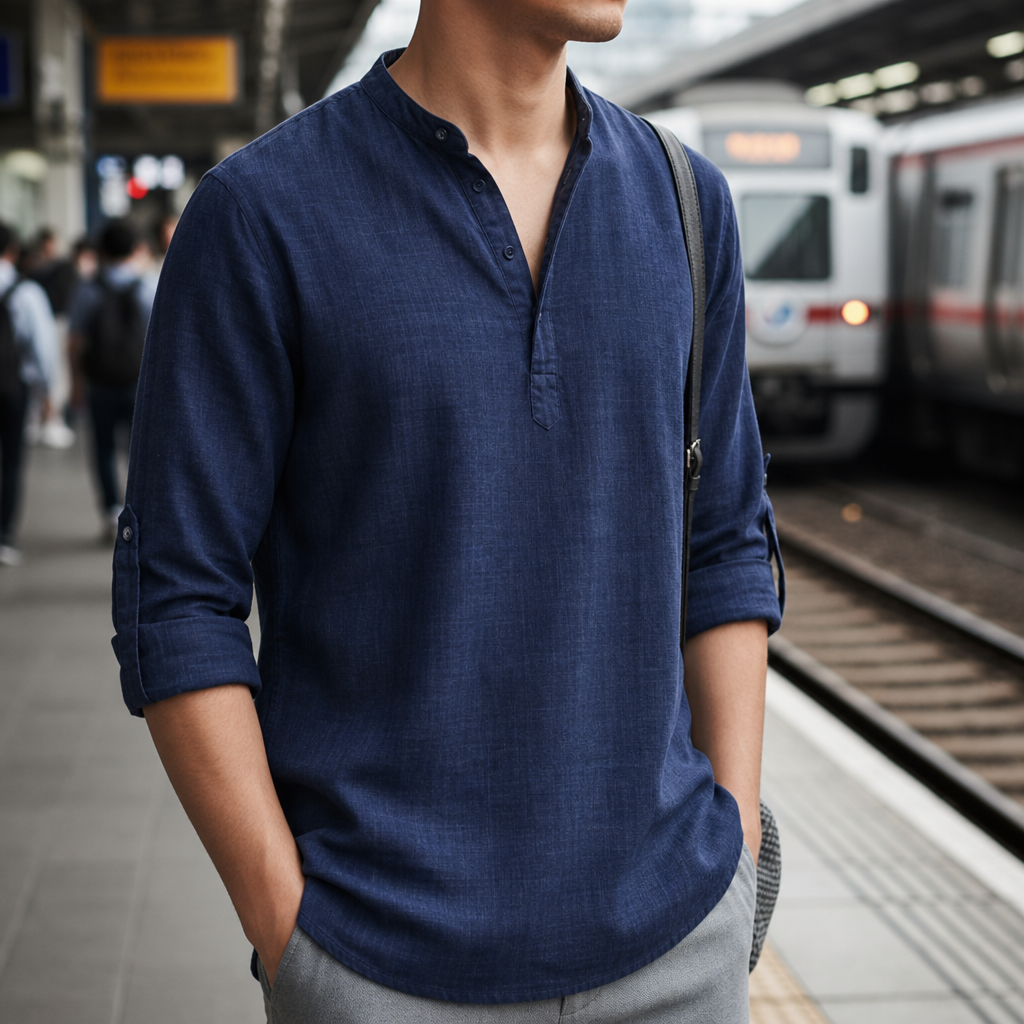 Deia Linen Henley Shirt in Dark Blue