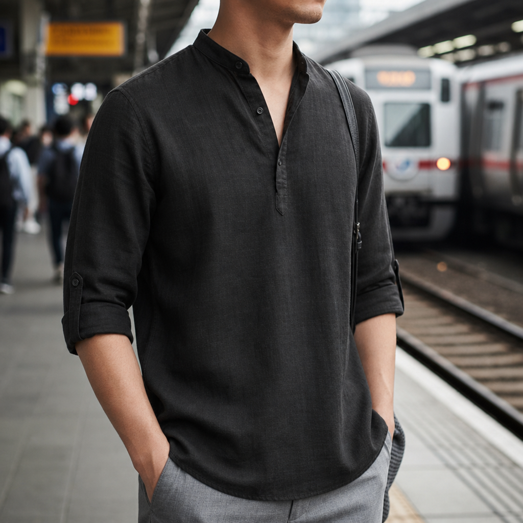 Deia Linen Henley Shirt in Black