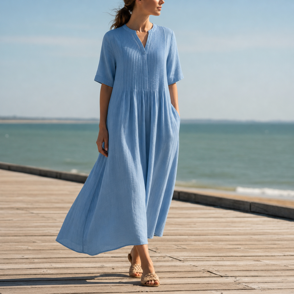 Denia Pleated Linen Maxi Dress in Blue