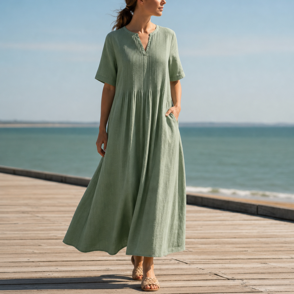 Denia Pleated Linen Maxi Dress in Green