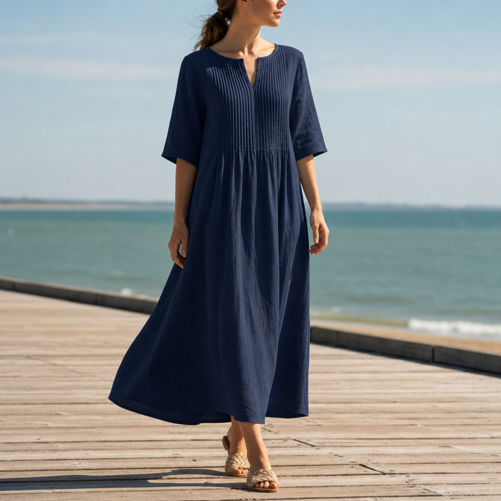 Denia Pleated Linen Maxi Dress in Navy Blue