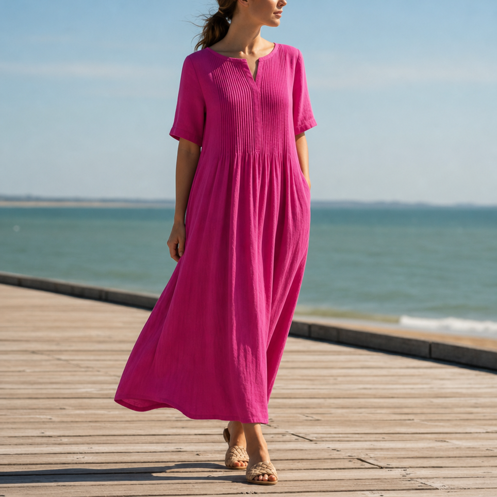 Denia Pleated Linen Maxi Dress in Pink