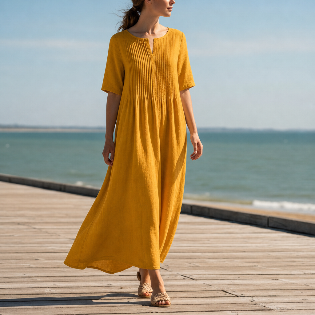 Denia Pleated Linen Maxi Dress in Yellow
