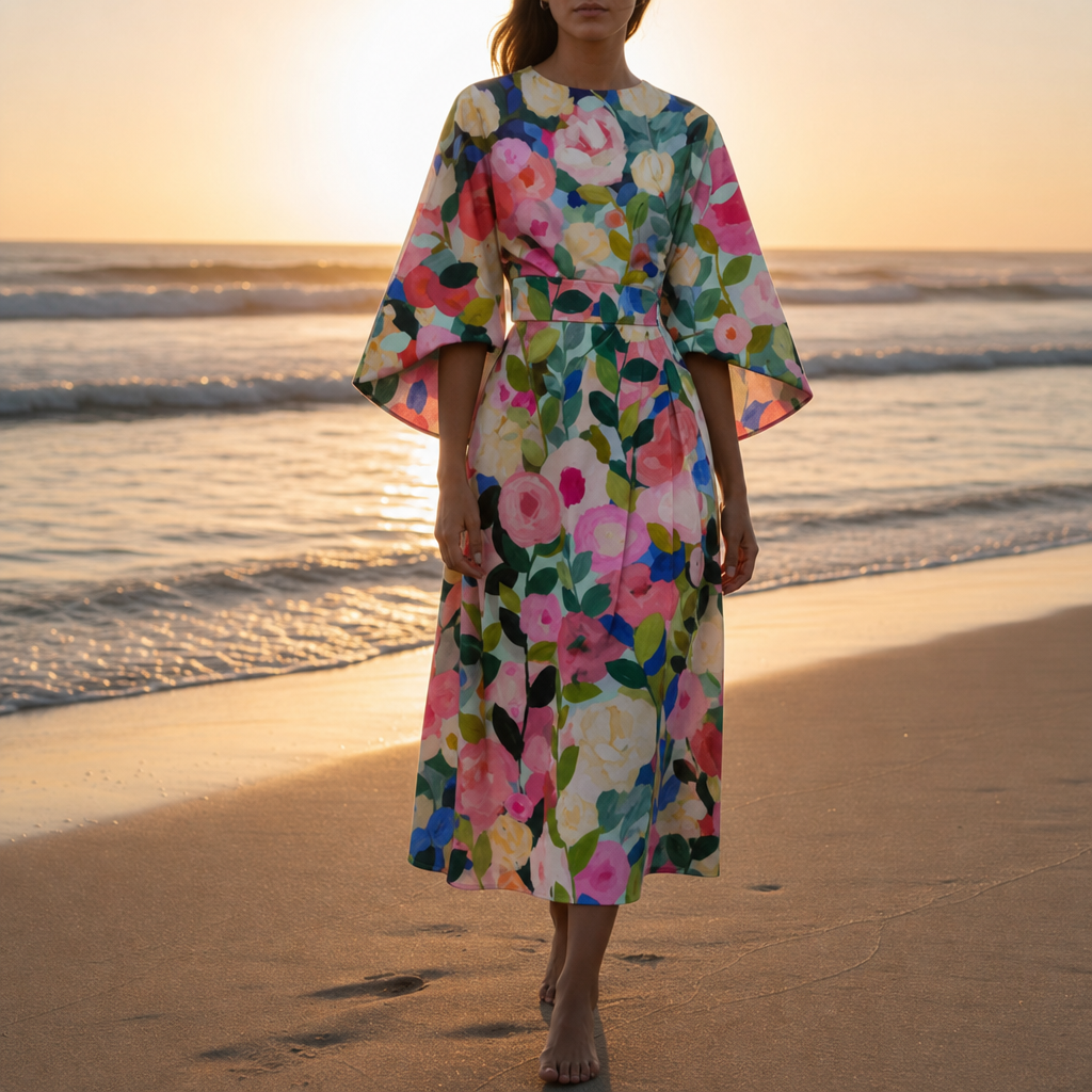 Elounda Floral Kimono Sleeve Dress in Floral