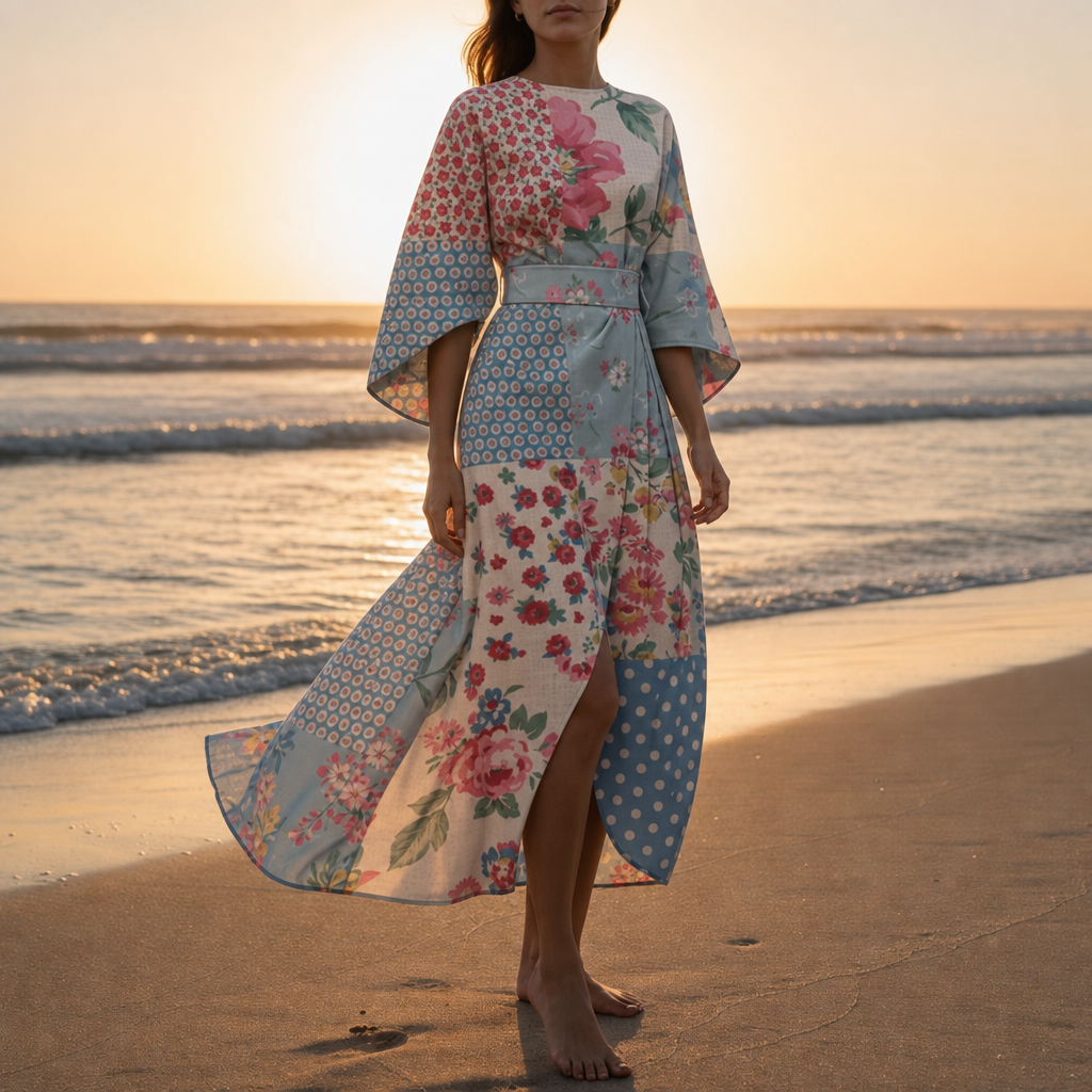 Elounda Floral Kimono Sleeve Dress in Colorful
