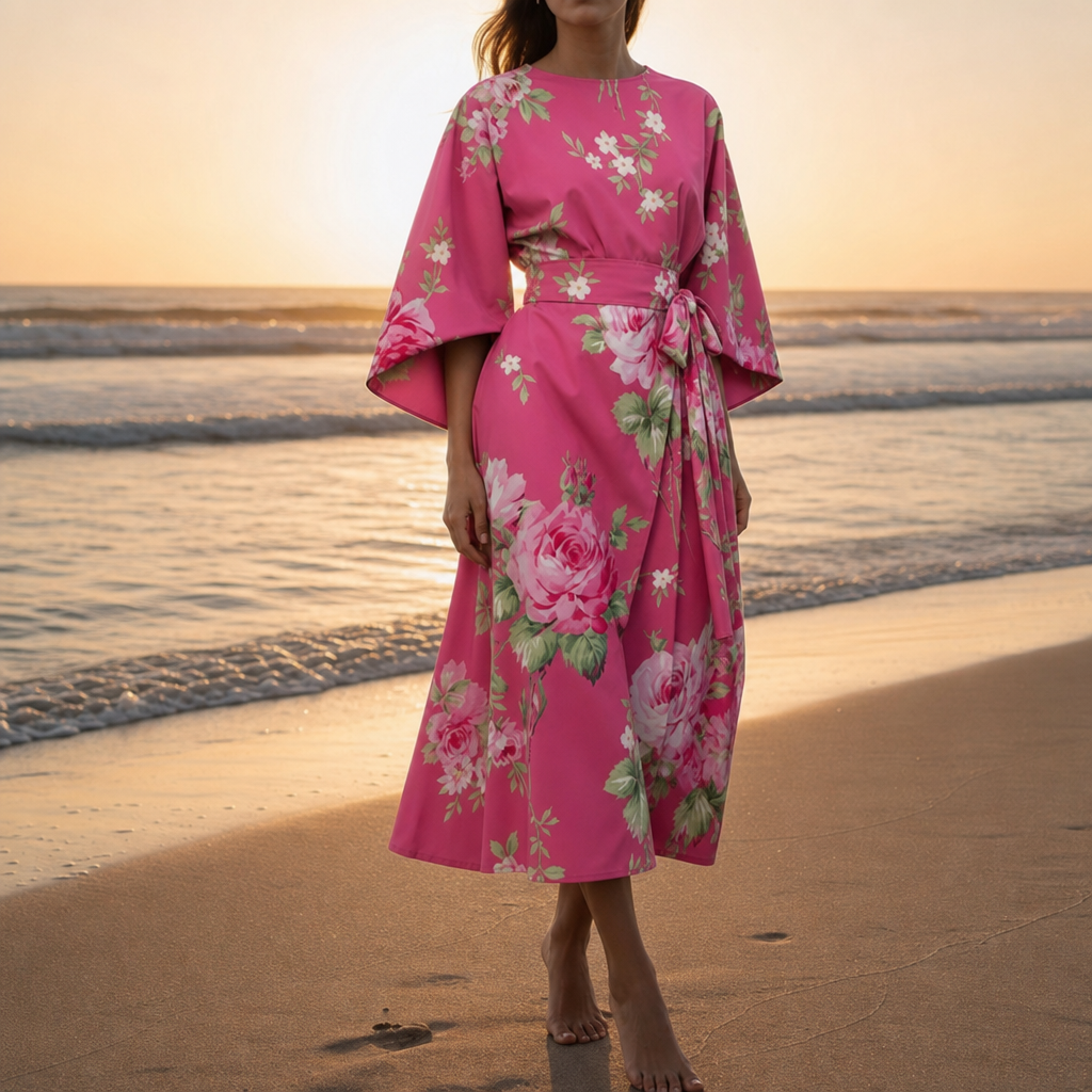 Elounda Floral Kimono Sleeve Dress in Pink