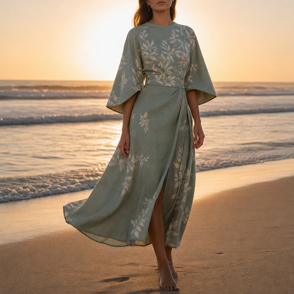 Elounda Floral Kimono Sleeve Dress in Green