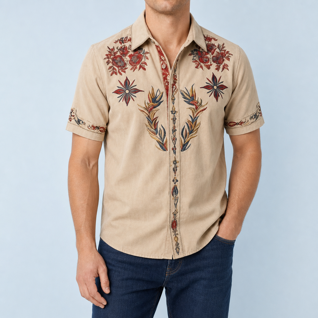 Erice Western Embroidered Shirt in Beige