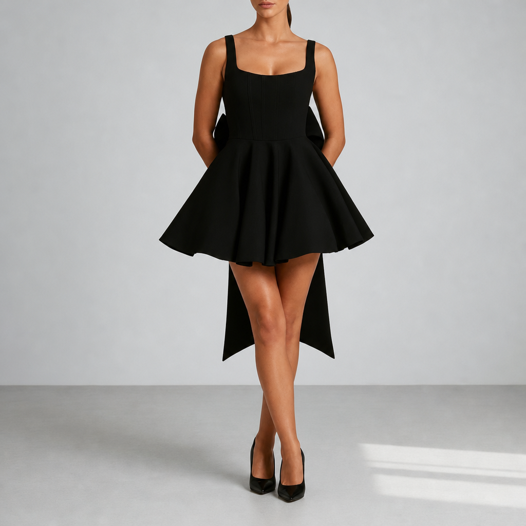 Estoril Bow Back Mini Dress in Black