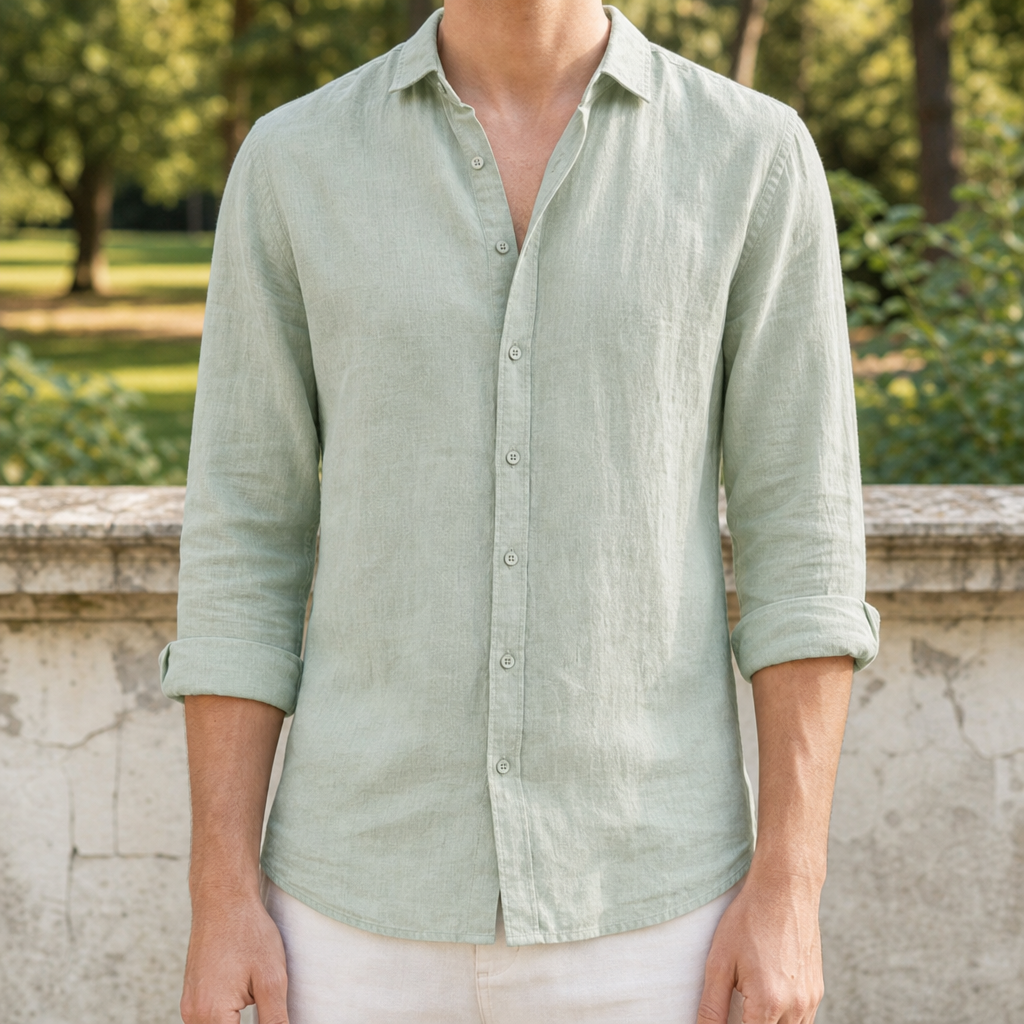 Figueres Linen Button-Up Shirt in Light Green