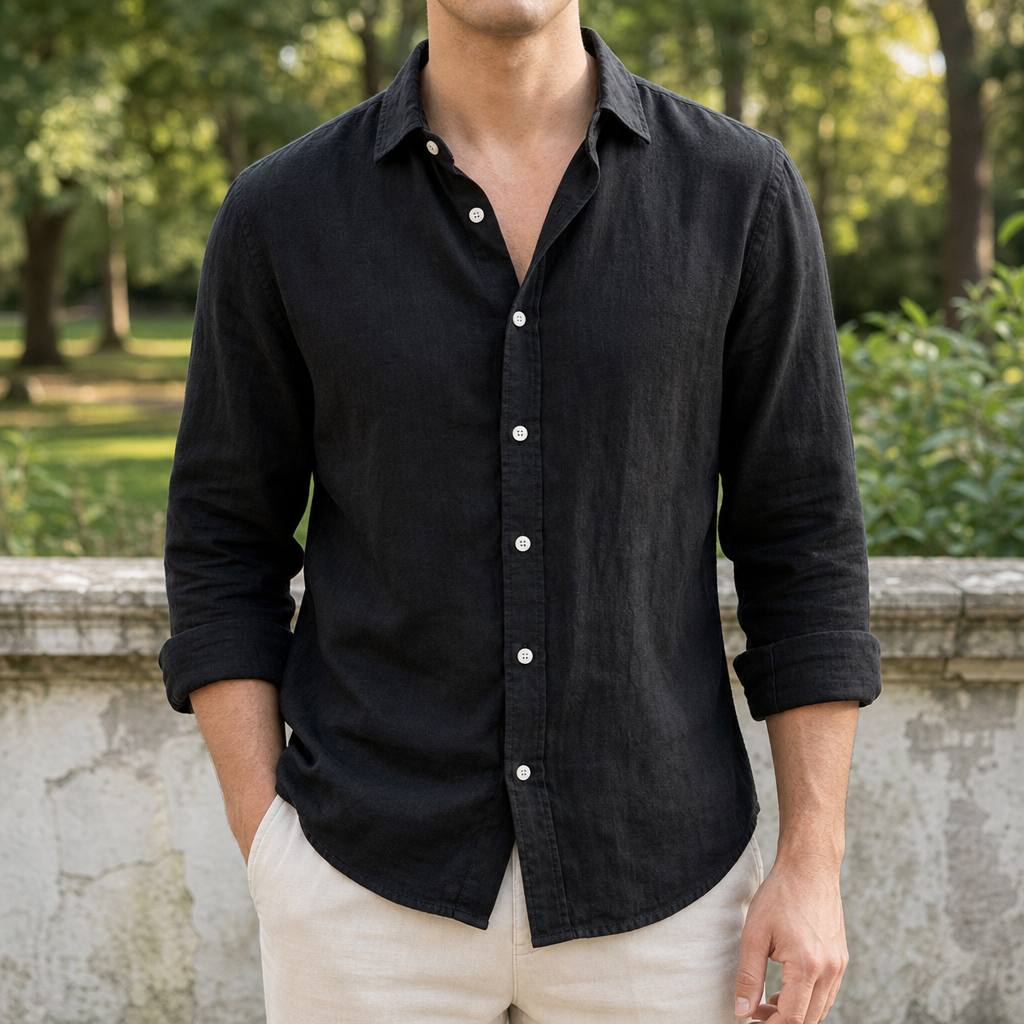 Figueres Linen Button-Up Shirt in Black