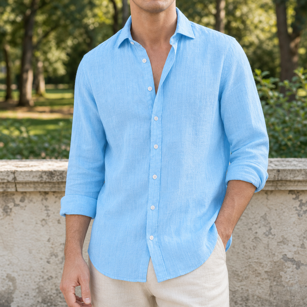Figueres Linen Button-Up Shirt in Sky Blue