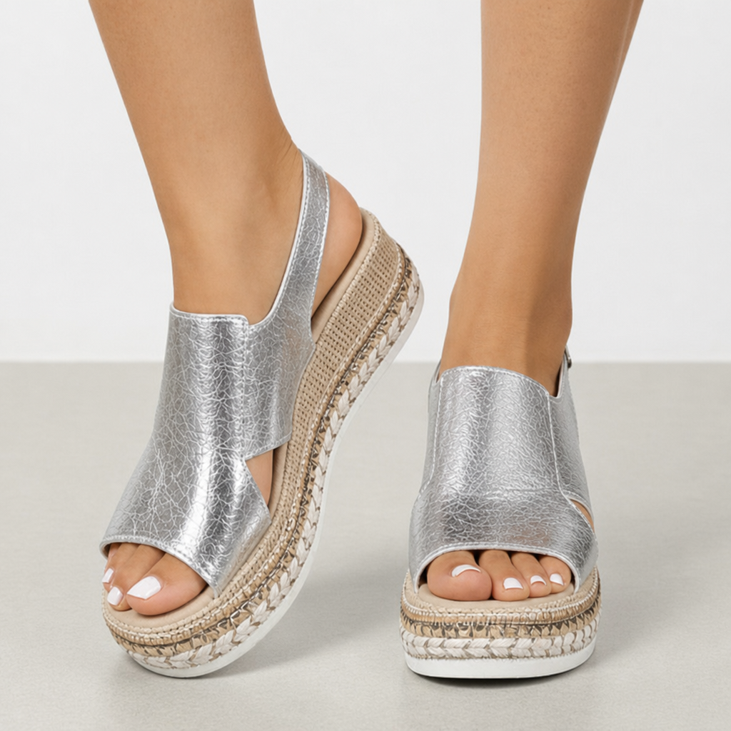 Formentera Orthopedic Metallic Platform Wedge Sandals in Silver