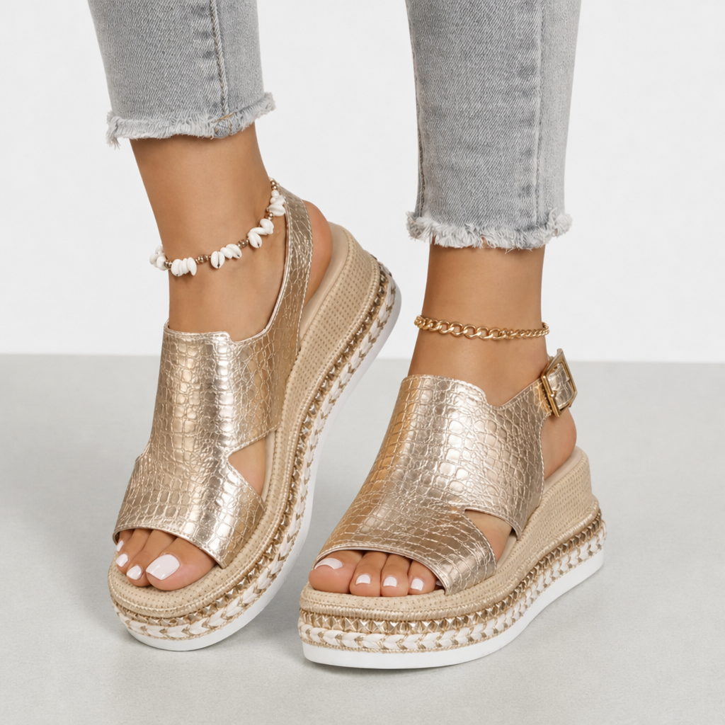 Formentera Orthopedic Metallic Platform Wedge Sandals in Gold