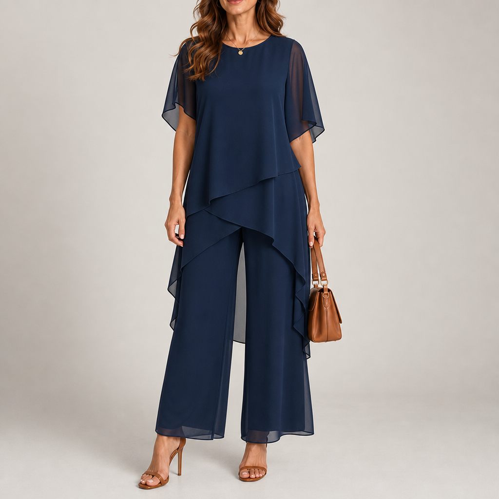 Formentor Draped Chiffon Palazzo Set in Blue