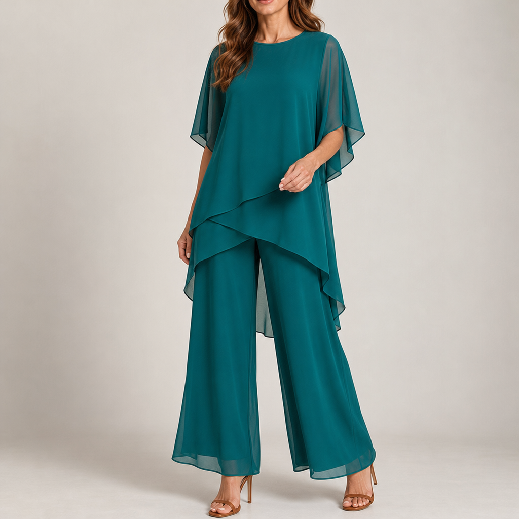 Formentor Draped Chiffon Palazzo Set in Turquoise