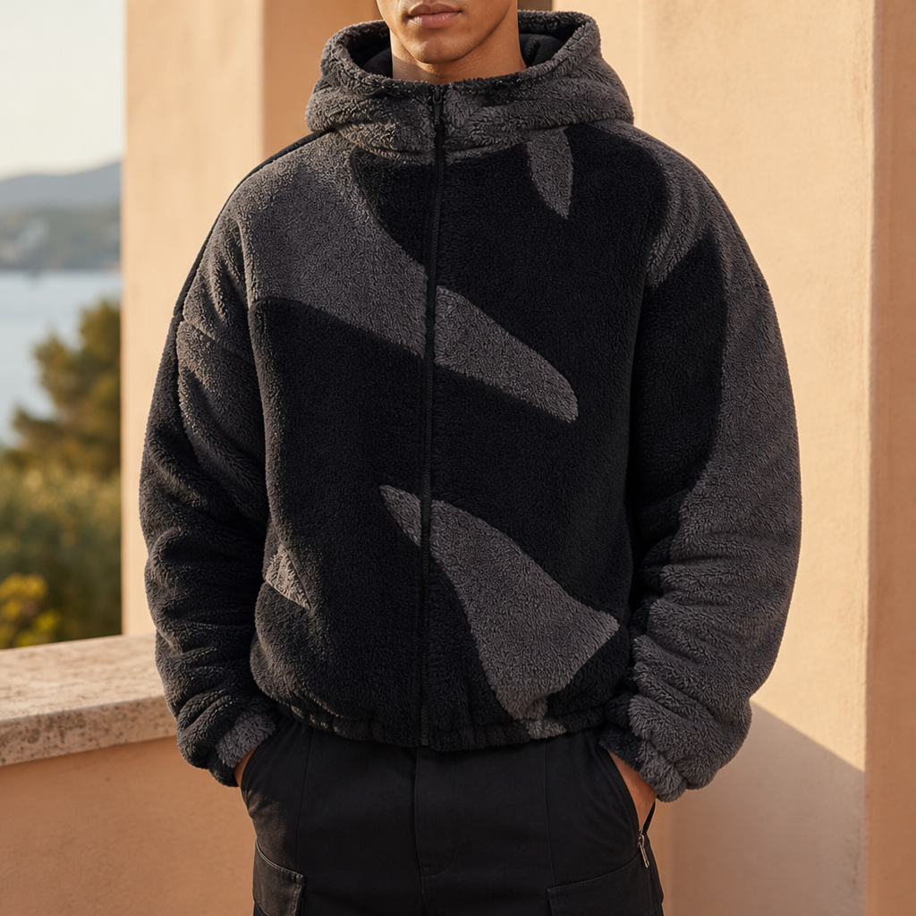 Funchal Sherpa Colour-Block Hoodie in Black