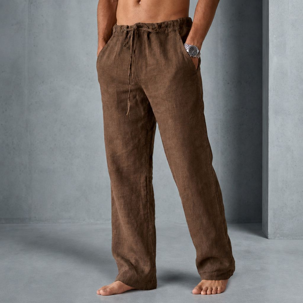 Guimaraes Linen Drawstring Trousers in Brown